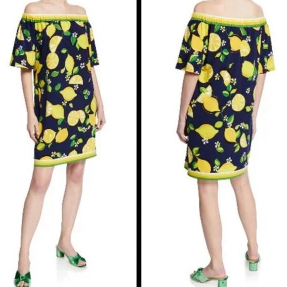 NWT Trina Turk lemon dress medium off the shoulder navy yellow - Picture 3 of 8